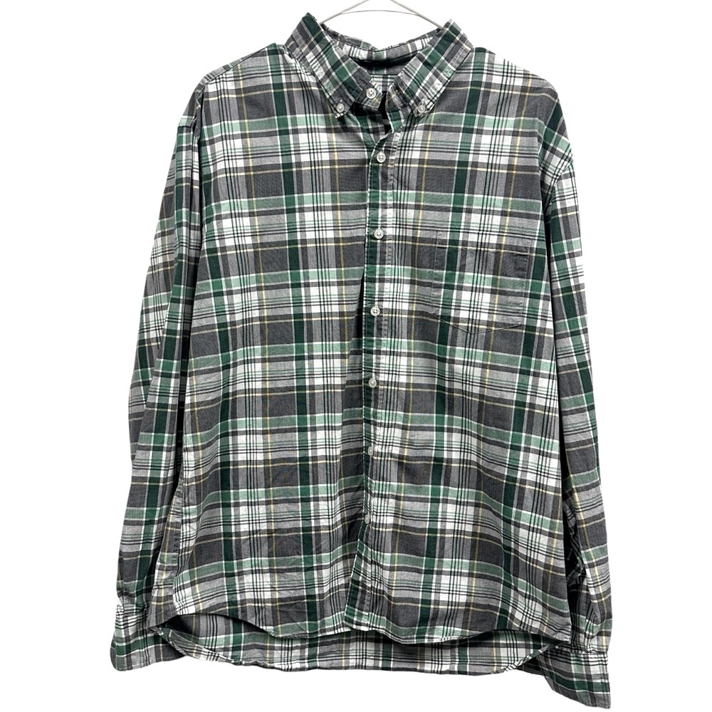 J Crew Flex Washed Classic Button Down Long Sleeve Green Plaid Pocket Shirt XL
